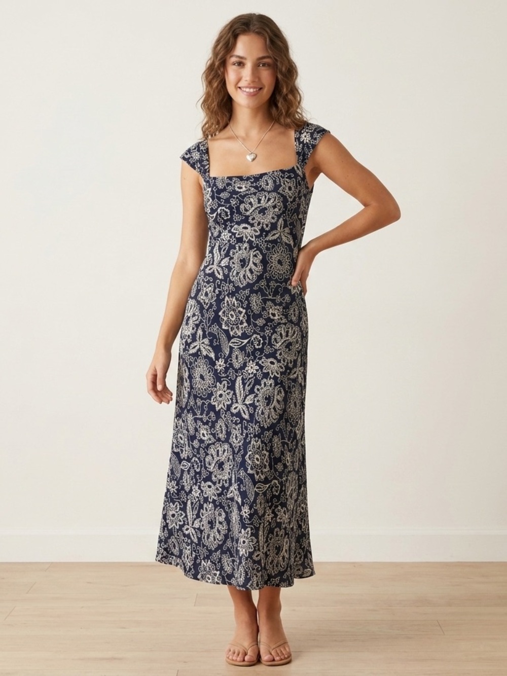 Lauren Ralph Lauren Navy and Cream Floral Square-Neck Midi Silk Dress